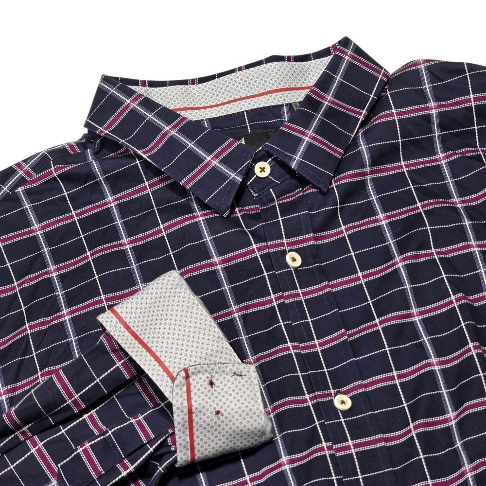 Buttercloth Button Up Men 3XL Tall Navy Plaid Long Sleeve Stretch Cotton Shirt